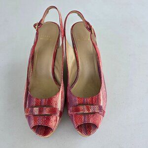 Stuart Weitzman Reptile Patent Leather Sz 9.5 Cork Wedge Open Toe Heels Y278036
